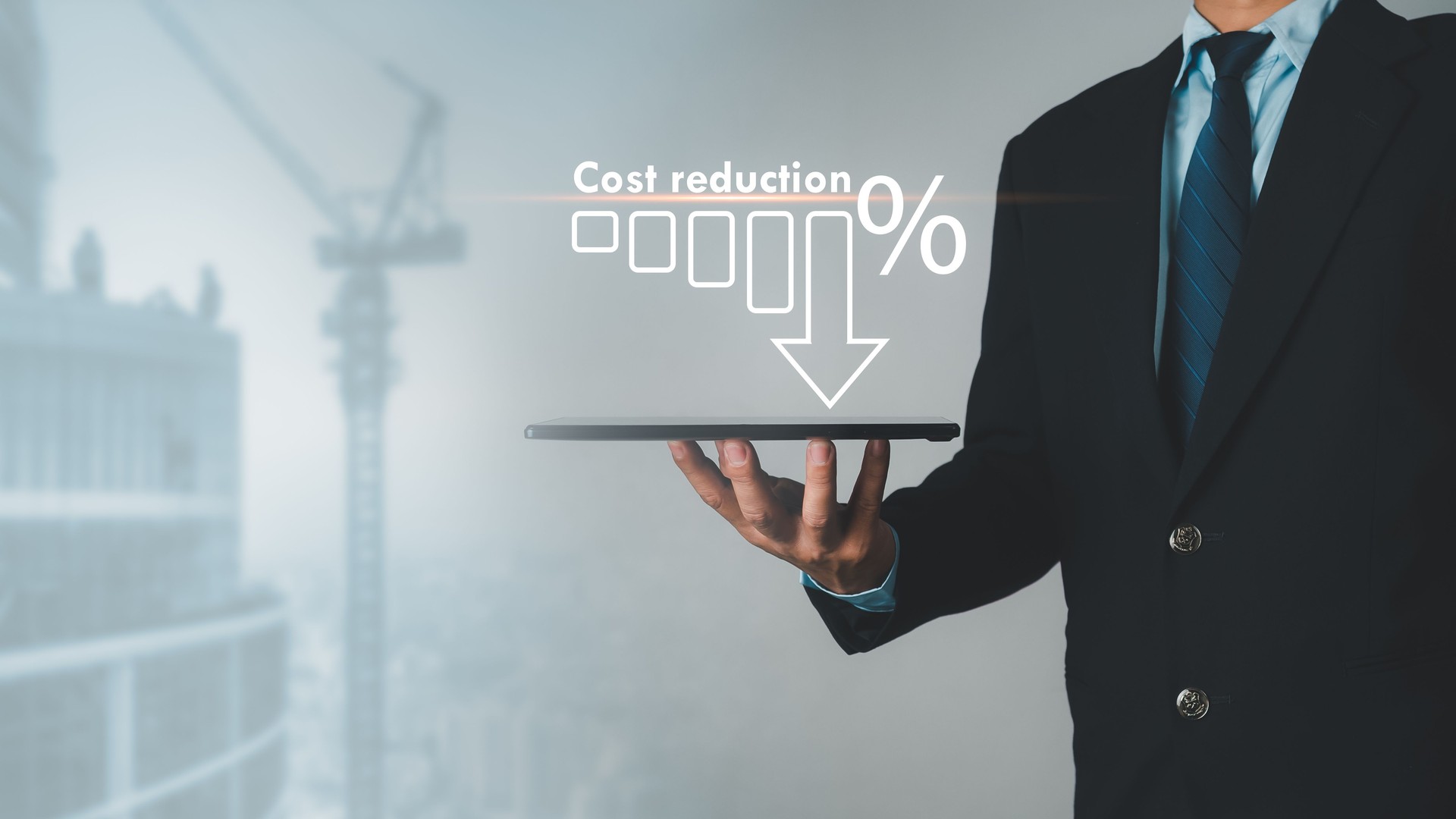 Businessman show Cost reduction graph with down arrow on virtual screen. Cost reduction business finance concept. Budget management and cost management, Optimization, Strategy, Economic cost savings