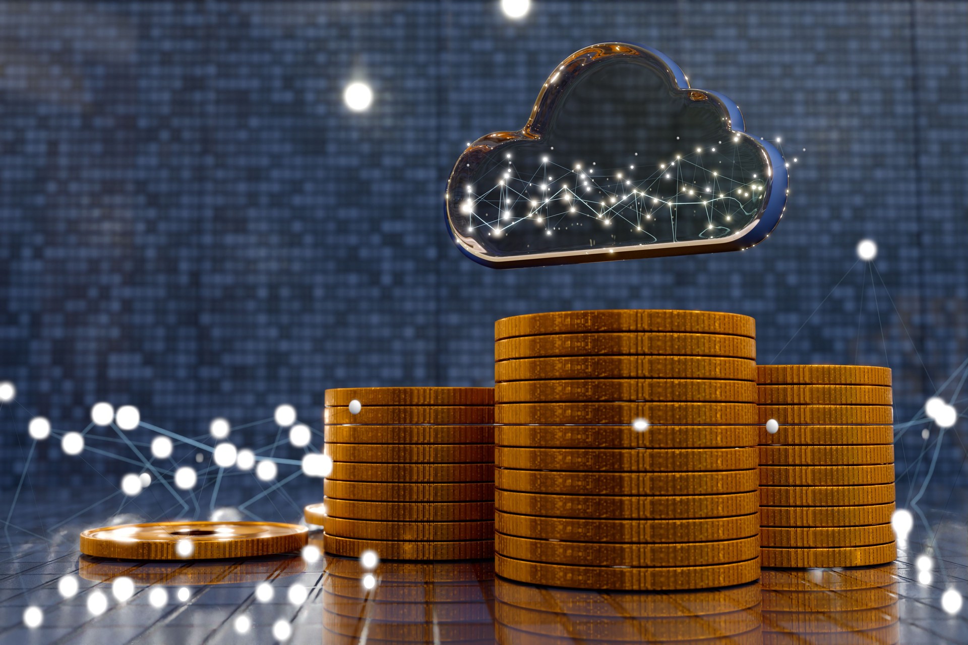 Digital coins stacked with cloud and network lights symbolizing  efficiency saving and cloud computing. 3d rendering